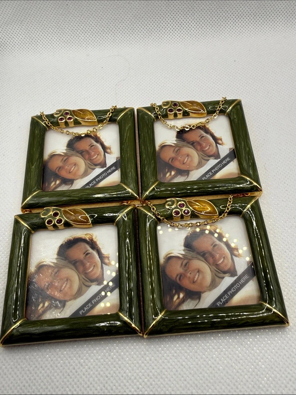 4  VTG Hallmark Green Enamel mini photo picture Frame Set Rhinestones